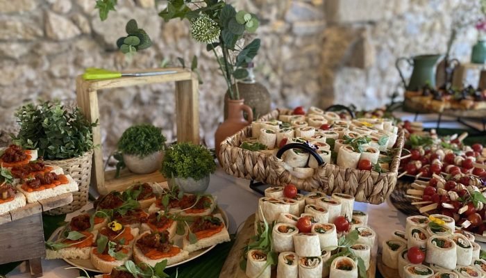 Buffet traiteur élégant avec une variété de bouchées apéritives : toasts gourmands, wraps savoureux et brochettes de fruits frais. Présentation soignée avec une décoration végétale et une ambiance rustique, mise en valeur par un mur en pierre en arrière-plan.